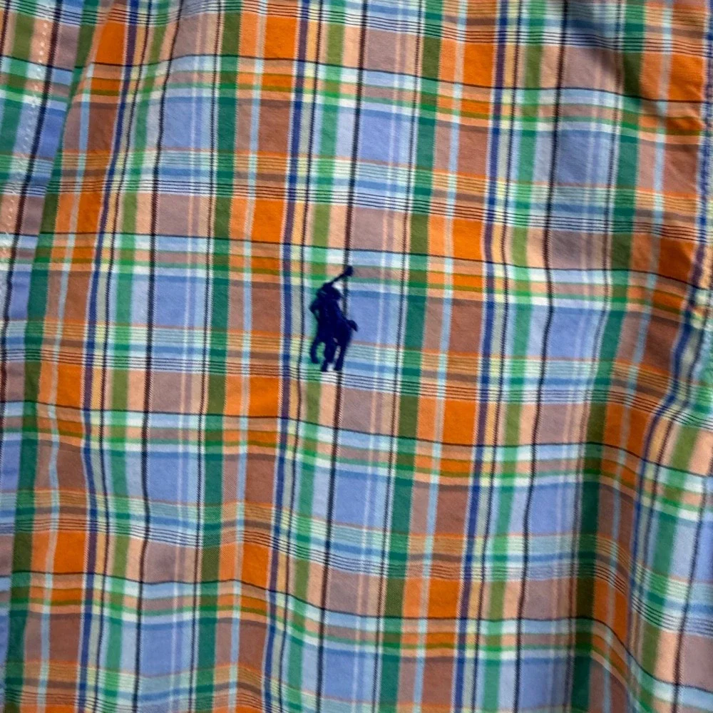 Ralph Lauren Boys Orange Blue Plaid Button Down Shirt Size L 14-16 Long Sleeve
